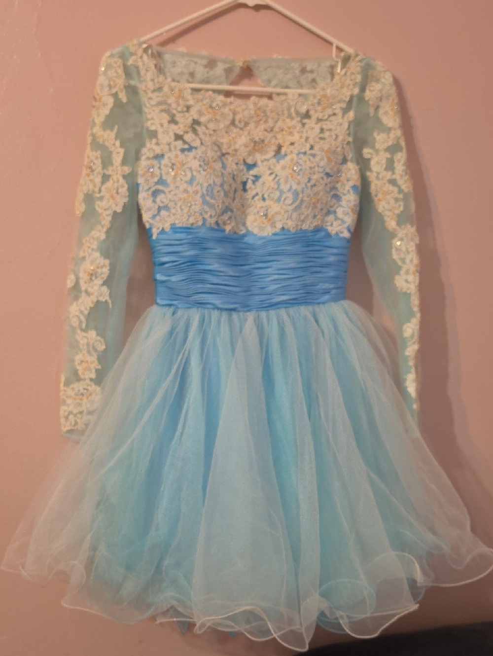 Sherri Hill Blue Lace & Tulle  Dress with Embroidered Bodice